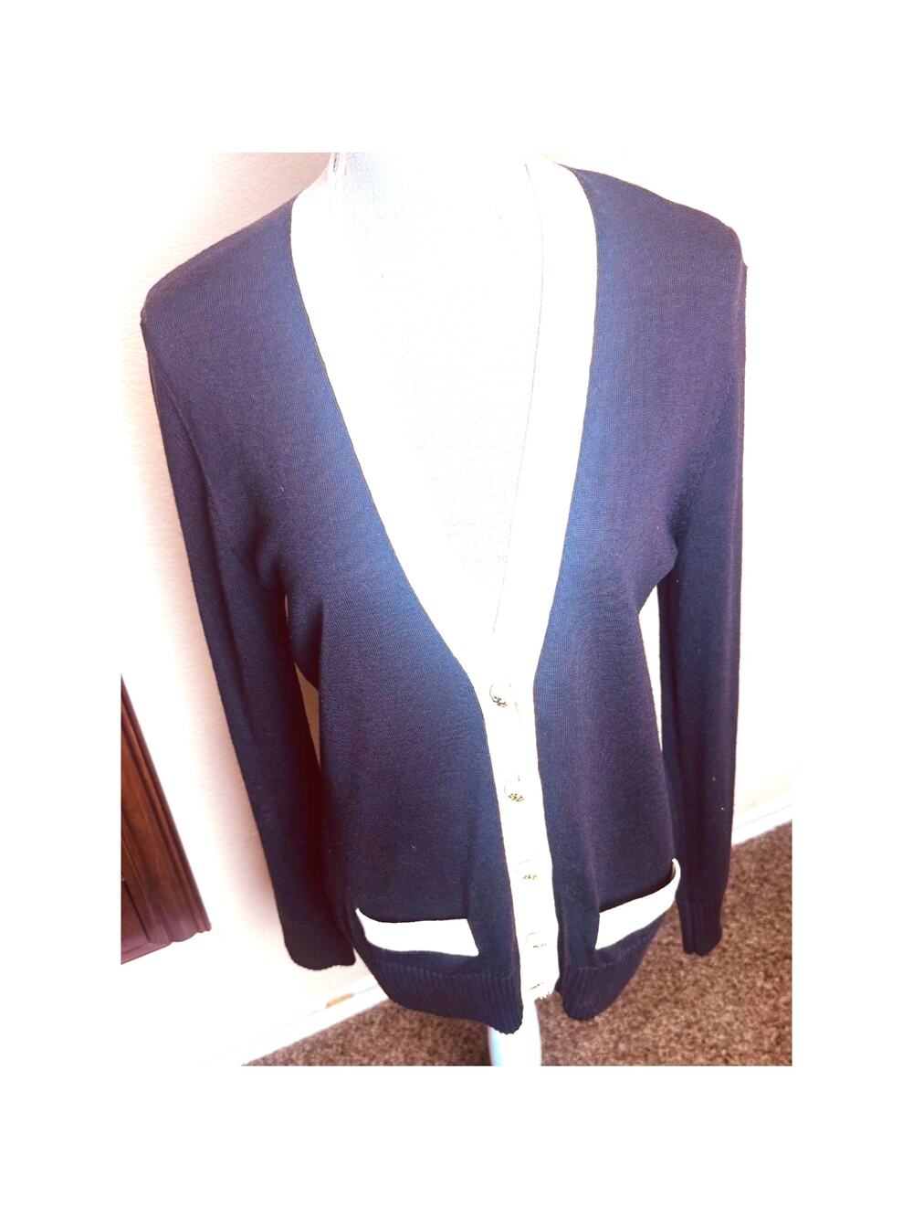Tory Burch Brown Wool Cardigan Simone cream contrast gold logo buttons sz L